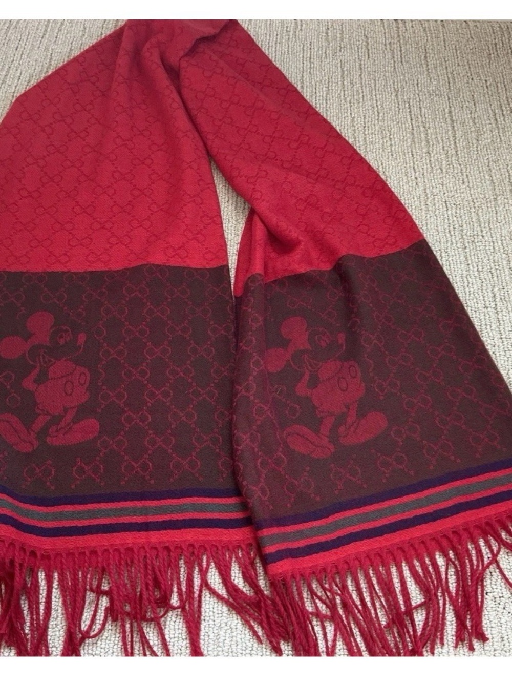 Designer Red & Brown Logo Jacquard Scarf with Fringe